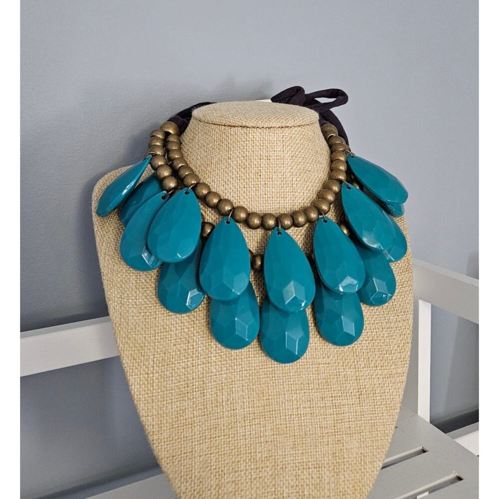 Funky Artistic Teal Faceted Lucite Drop Bib Statement Necklace ~ Costume Jewelry